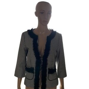 Black‎ & White Patterned Blazer Jacket Fringe Trim Career Office